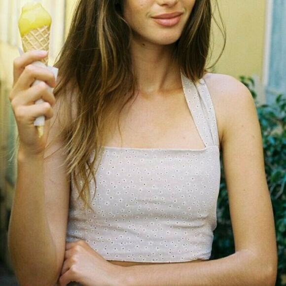 WITH JEAN Lucielle halter floral smocked fitted crop top in lavender fleur Sz XS - Picture 7 of 7